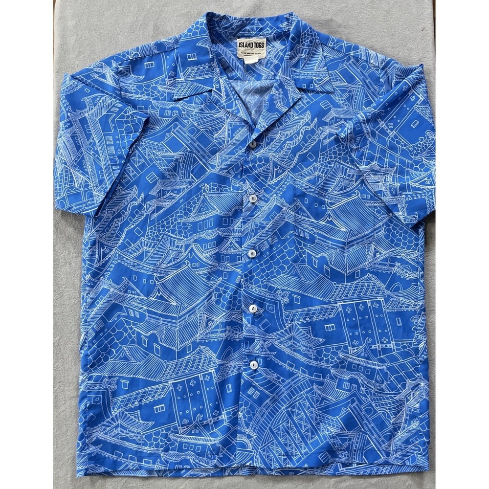 Island Togs Button Down Shirt Mens L Blue Japanese Pagoda Print Vintage Hawaiian
